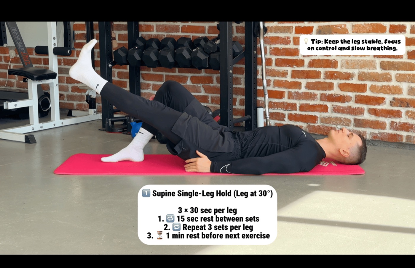 Inside the program: supine single-leg hold with sets, reps and a coaching tip on screen